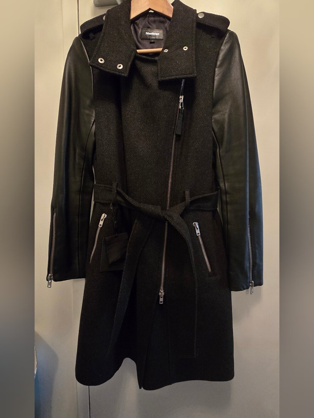 Mackage Black Wool and Leather Belted Trench Coat